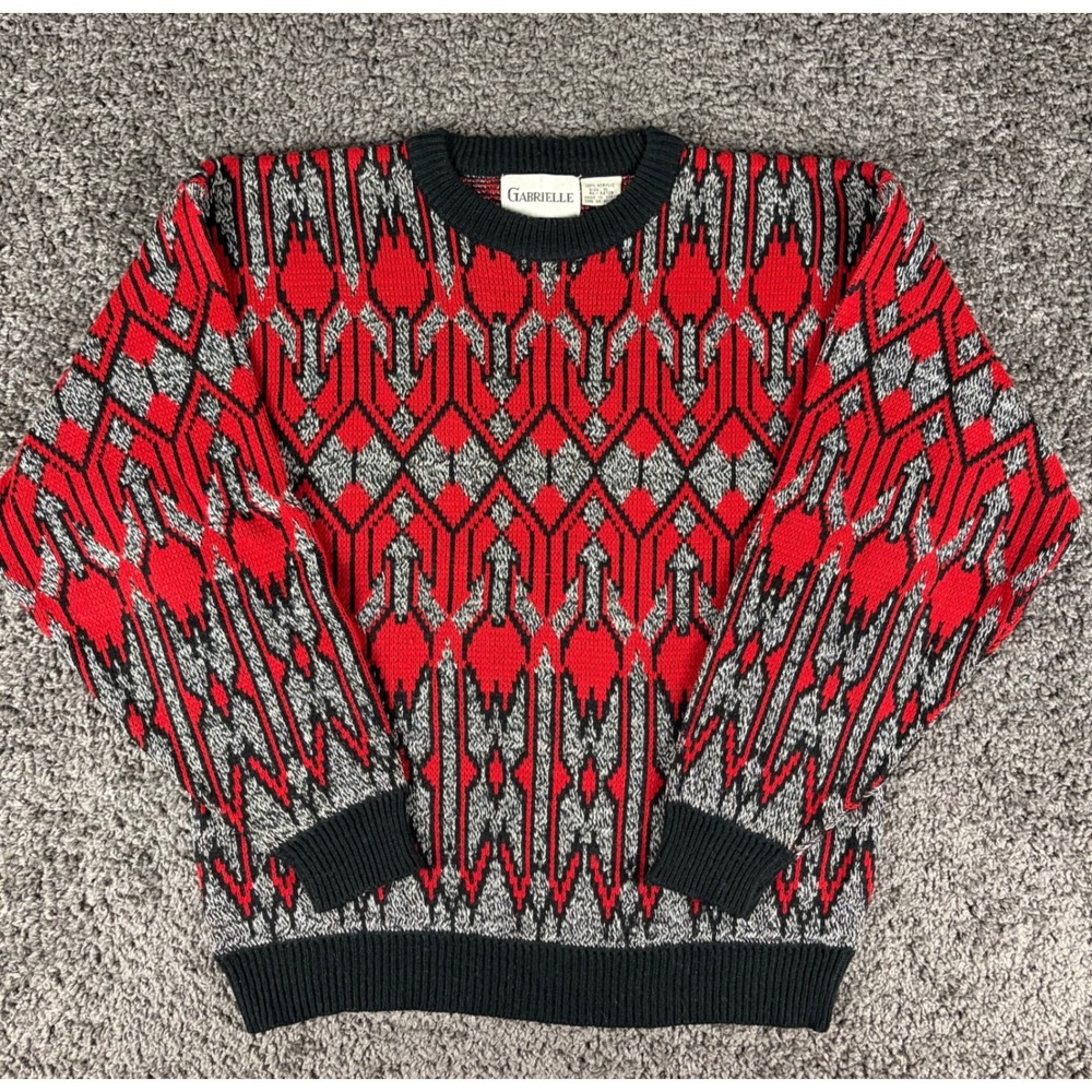 Vintage 90s Gabrielle Red Black Geometric Tribal Knit Sweater Mens XL